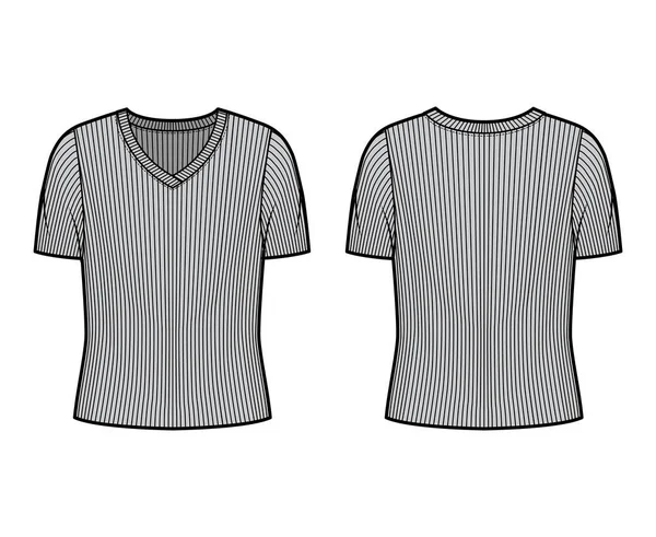 带肋V领针织毛衣技术时尚图例，短肋袖子，超大体形. — 图库矢量图片