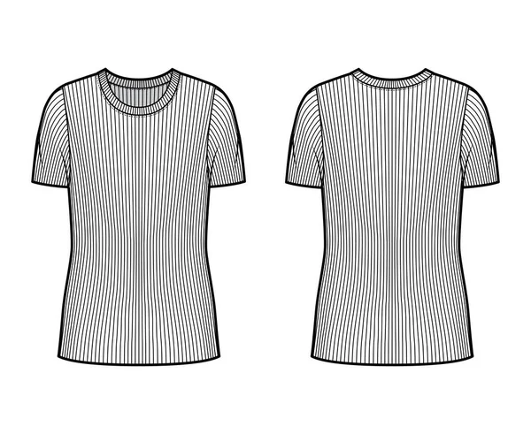 Jersey de punto de cuello redondo acanalado ilustración técnica de moda con mangas costillas cortas, cuerpo de gran tamaño, longitud de la túnica. — Vector de stock