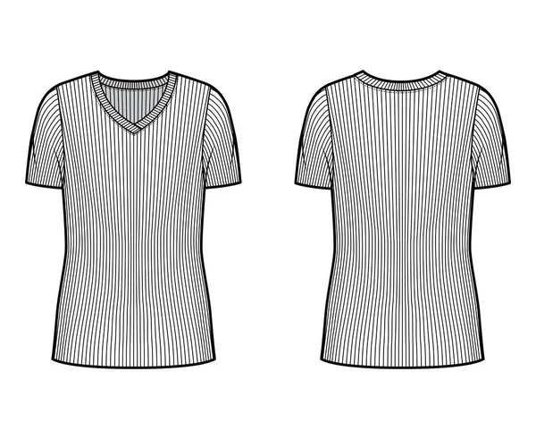 Jersey de punto acanalado con cuello en V ilustración técnica de moda con mangas de costilla cortas, cuerpo de gran tamaño, longitud de la túnica. — Vector de stock