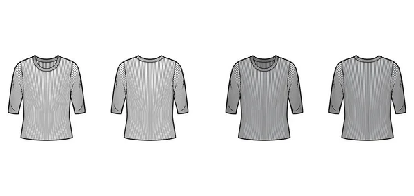 Jersey de punto de cuello redondo acanalado ilustración técnica de moda con mangas de codo, cuerpo de gran tamaño. — Vector de stock