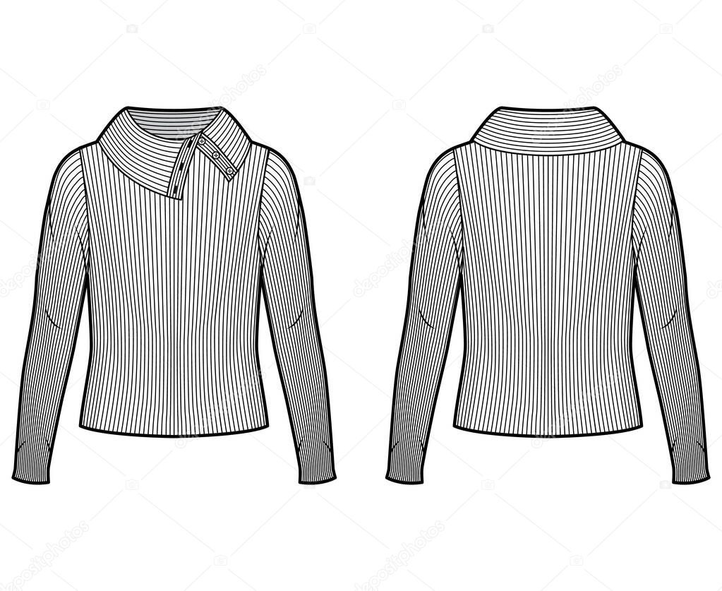 Wide button-up turtleneck ribbed-knit sweater technical fashion illustration with long sleeves, oversized body 
