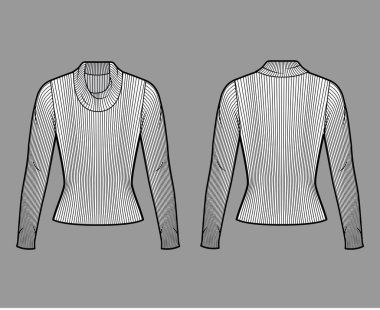 Tırtıklı balıkçı yaka kazak örgü uzun kollu, dar biçimli, teknik moda illüstrasyonlu. 