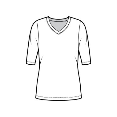 V yakalı kazak, dirsek kollu, büyük bedenli, tunik uzunluklu teknik moda illüstrasyonu.. 