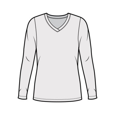 V yakalı kazak uzun kollu, büyük bedenli, tunik uzunluklu teknik moda illüstrasyonu. 