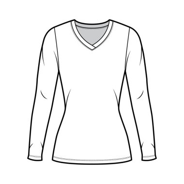 V yakalı kazak, uzun kollu, dar kesimli, tunik uzunluklu teknik moda illüstrasyonu.. 