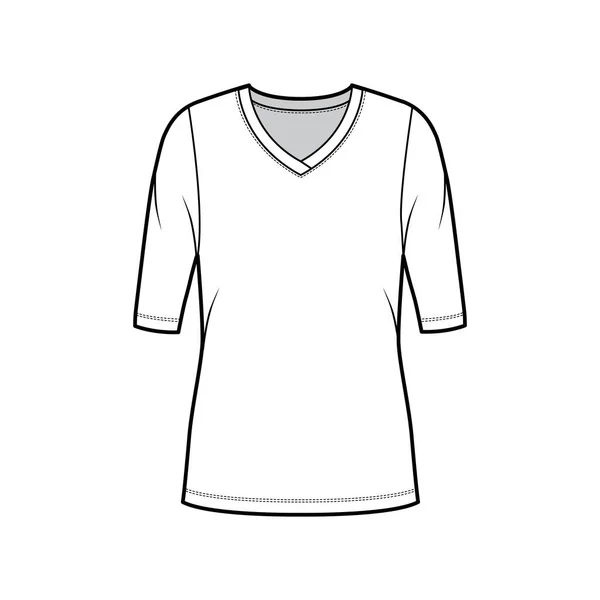 V-Ausschnitt Jersey Pullover technische Mode Illustration mit Ellenbogenärmeln, übergroßer Körper, Tunika Länge. — Stockvektor