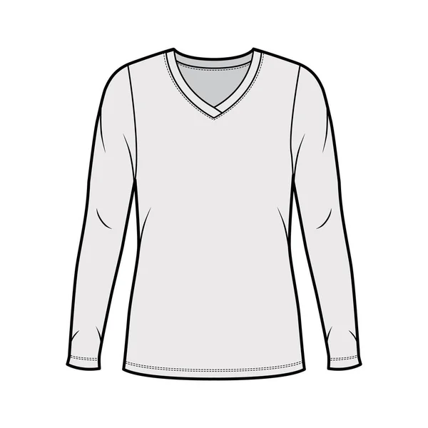 V-Ausschnitt Jersey Pullover technische Mode Illustration mit langen Ärmeln, übergroßen Körper, Tunika Länge. — Stockvektor