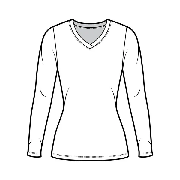 V-pescoço camisola camisola técnica moda ilustração com mangas compridas, forma close-fitting, comprimento túnica . —  Vetores de Stock