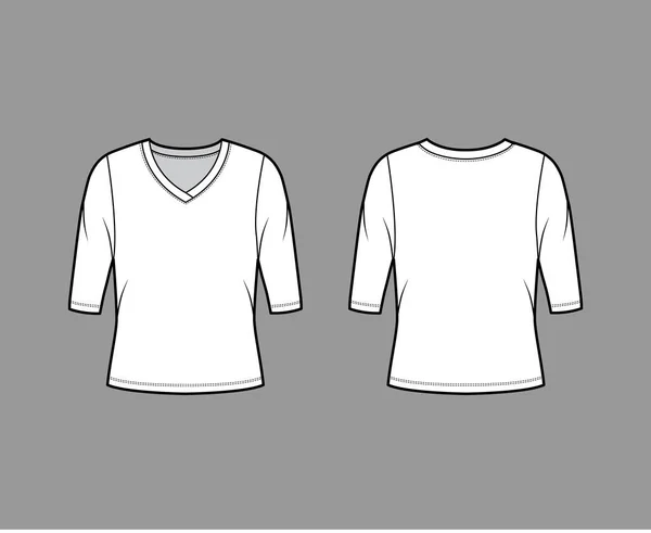 V-hals trui technische mode illustratie met elleboogmouwen, oversized body. — Stockvector