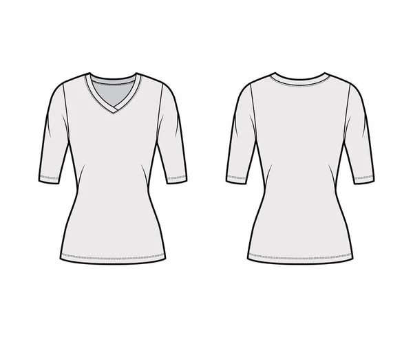 V-pescoço camisola camisola técnica moda ilustração com mangas de cotovelo, forma de ajuste próximo, comprimento túnica . — Vetor de Stock
