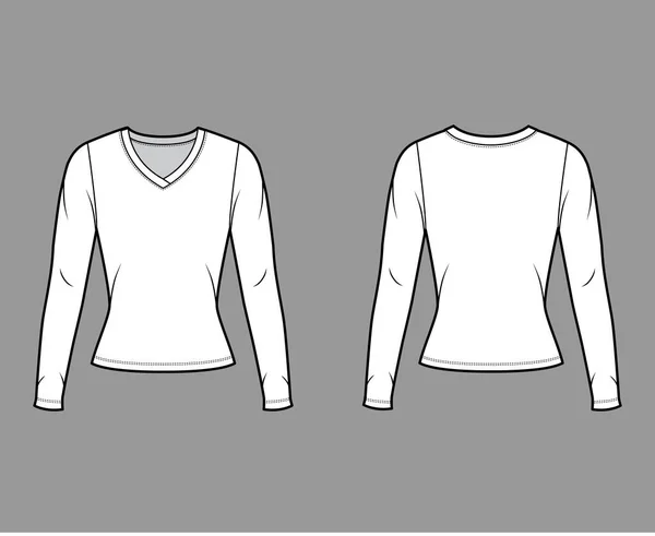 Camisola V neck camisola técnica moda ilustração com mangas compridas, forma close-fitting . — Vetor de Stock