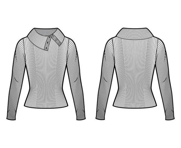 Large col roulé côtelé pull tricoté illustration technique de mode à manches longues, forme moulante. — Image vectorielle