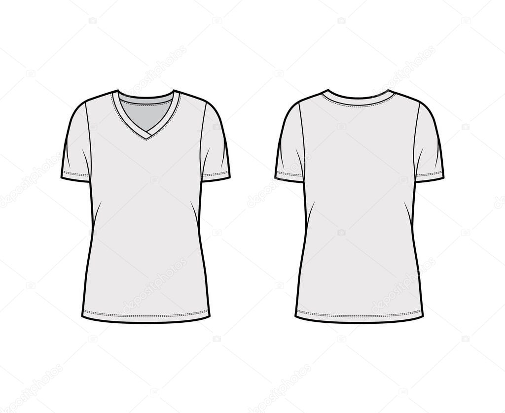 V-neck jersey t-shirt technical fashion illustration with short sleeves, oversized body, tunic length. 