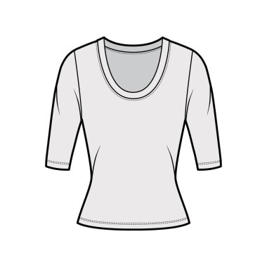 Kepçeli yaka kazak, dirsek kollu, yakın biçimli teknik moda illüstrasyonu.. 