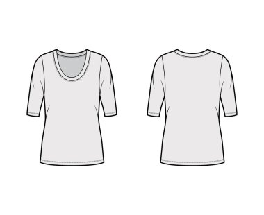 Kepçeli yaka tişörtü, dirsek kollu, büyük bedenli, tunik uzunluklu teknik moda çizimi.. 