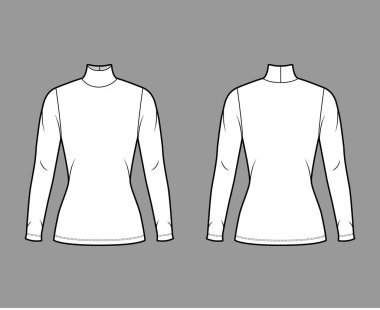 Balıkçı yaka kazak uzun kollu, kısa biçimli, tunik uzunluklu teknik moda illüstrasyonu. 