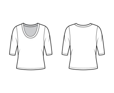 Kepçeli yaka tişörtü, dirsek kollu, büyük beden ölçüleri olan teknik moda çizimi.. 