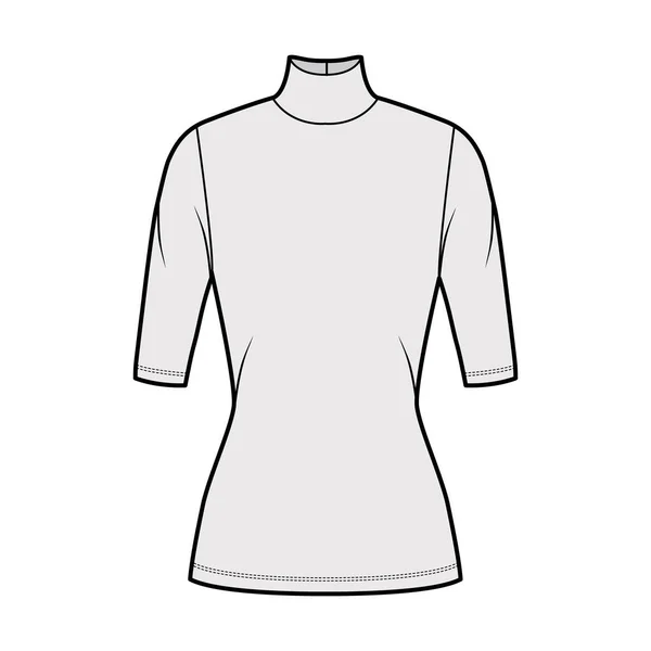 Maglia jersey collo alto illustrazione tecnica di moda con maniche a gomito, forma aderente, lunghezza della tunica. — Vettoriale Stock