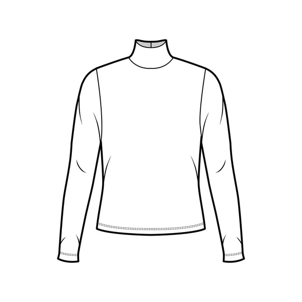 Turtleneck jersey trui technische mode illustratie met lange mouwen, oversized body — Stockvector