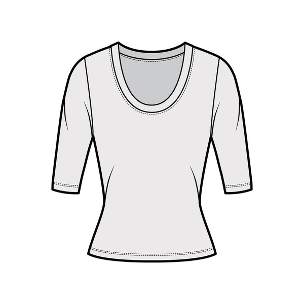 Camisola de pescoço de colher camisola técnica de moda ilustração com mangas de cotovelo, forma de ajuste próximo . — Vetor de Stock