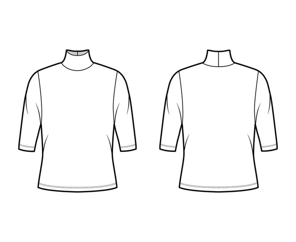 Maglione a collo alto in jersey illustrazione tecnica di moda con maniche a gomito, corpo oversize. — Vettoriale Stock