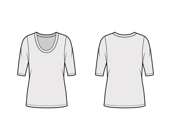 Camisa de pescoço de colher camisa técnica ilustração de moda com mangas de cotovelo, corpo de grandes dimensões, comprimento túnica . — Vetor de Stock