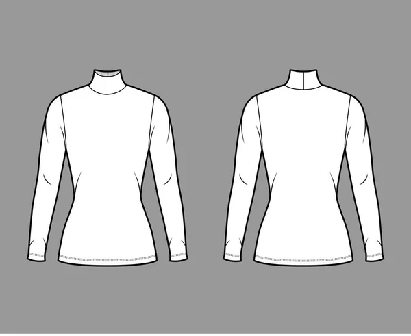 Maglia jersey collo alto illustrazione tecnica di moda con maniche lunghe, forma aderente, lunghezza della tunica. — Vettoriale Stock