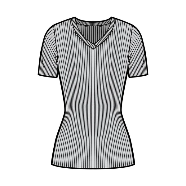 Jersey de punto acanalado con cuello en V ilustración técnica de moda con mangas de costilla cortas, forma ajustada, longitud de la túnica. — Archivo Imágenes Vectoriales