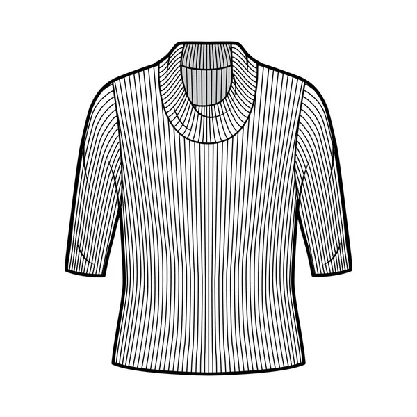 Chaqueta acanalada cuello alto jersey de punto ilustración técnica de moda con mangas de codo, cuerpo de gran tamaño. — Vector de stock