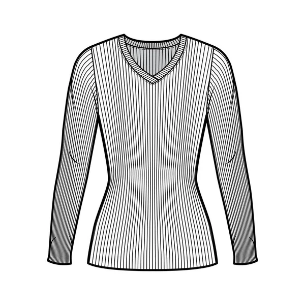 Ribbed V-neck knit sweater technical fashion illustration with long sleeves, close-fitting shape, tunic length. — Stock Vector