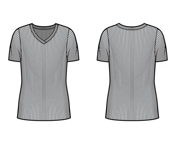 Ремни V-образный вязаный свитер техническая мода иллюстрация с короткими рукавами ребра, крупногабаритное тело, длина туники. — стоковый вектор