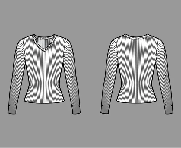 Jersey de punto acanalado con cuello en V ilustración técnica de moda con mangas largas, forma ajustada. — Vector de stock
