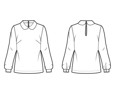 Yuvarlak yakalı bluz, silueti gevşek, uzun kollu, düğmeli anahtar deliği olan teknik moda çizimi..
