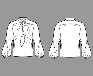 Pussy-bow blouse technical fashion illustration with oversized body, loose fit, long bishop sleeves. 