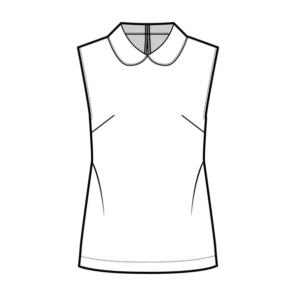 Round collar blouse technical fashion illustration with loose silhouette, sleeveless, back button-fastening keyhole. — Stock Vector