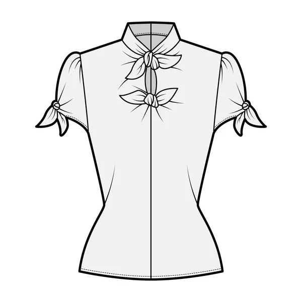 Geknoopte knip blouse technische mode illustratie met hoge halslijn, opgeblazen volume mouwen, rug ritssluiting — Stockvector