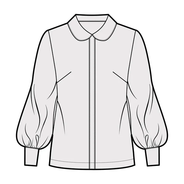 Ilustração de moda técnica de camisa de manga de bispo longo com gola redonda, fixação de botão frontal, silhueta solta — Vetor de Stock