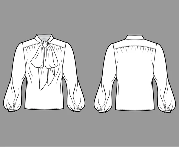 Pussy-bow blouse technical fashion illustration with oversized body, loose fit, long bishop sleeves. — 图库矢量图片