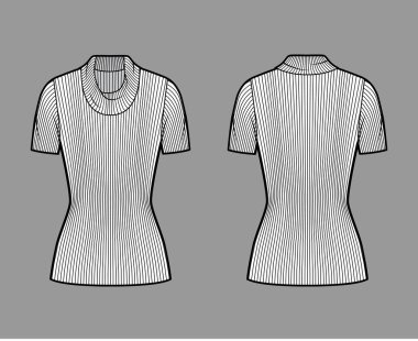 Tırtıklı balıkçı yaka kazak örgü kısa kaburga kollu, kısa biçimli, tunik uzunluklu teknik moda illüstrasyonu. 