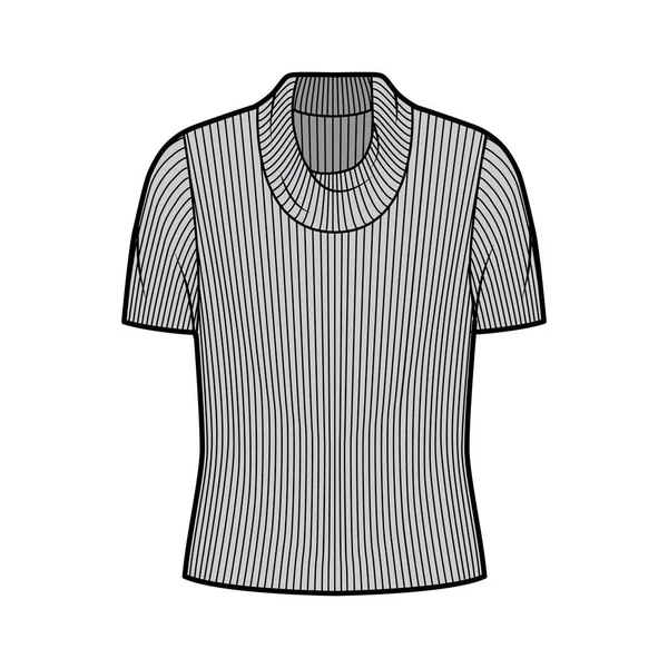 Ribbet cowl rullekrave strik sweater teknisk mode illustration med korte ribben ærmer, overdimensioneret krop. – Stock-vektor