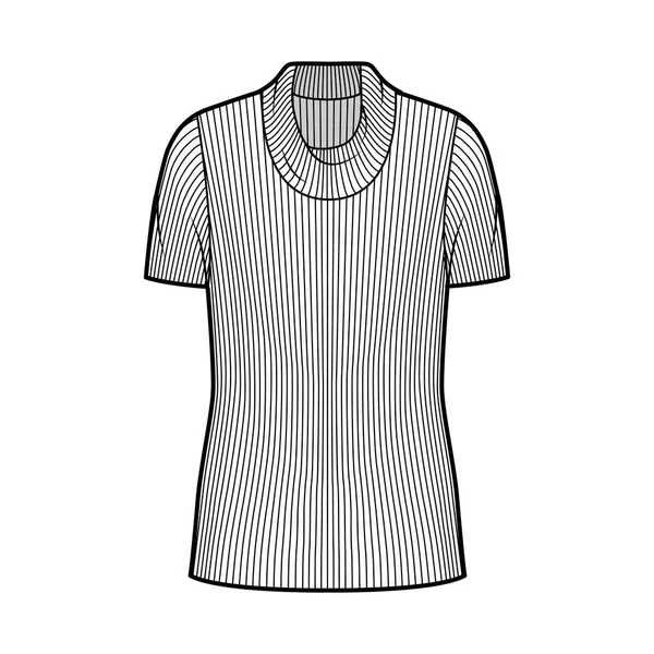 Camisola de gola alta com nervuras camisola de malha ilustração de moda técnica com mangas de costela curta, corpo grande, comprimento de túnica —  Vetores de Stock