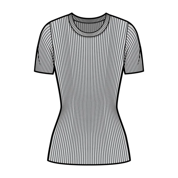 Jersey de punto de cuello redondo acanalado ilustración técnica de moda con mangas de costilla cortas, forma ajustada. — Archivo Imágenes Vectoriales