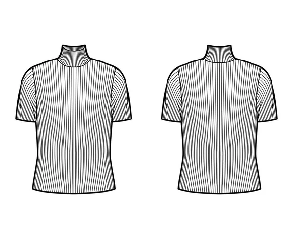 高领肋针织毛衣技术时尚图例，短肋袖子，超大体形. — 图库矢量图片