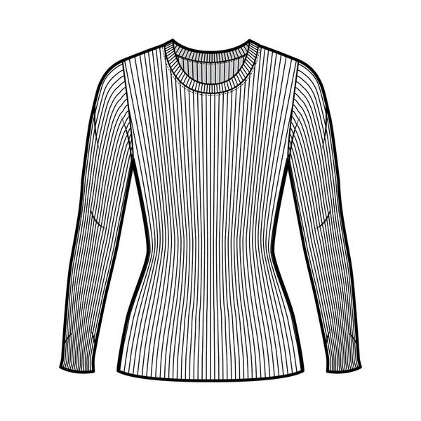 Pull à col rond côtelé illustration technique de mode avec manches longues, forme moulante, longueur de tunique. — Image vectorielle