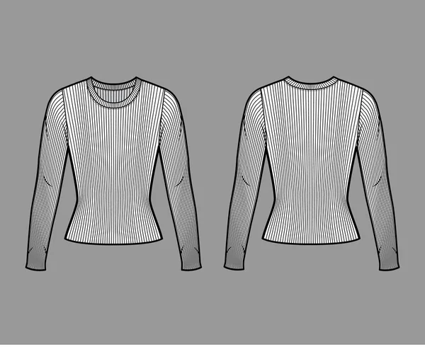 Strickpullover mit geripptem Rundhalsausschnitt technische Mode-Illustration mit langen Ärmeln, eng anliegende Form. — Stockvektor