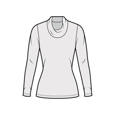 Kapüşonlu balıkçı yaka kazak uzun kollu, kısa biçimli, tunik uzunluklu teknik moda illüstrasyonu.