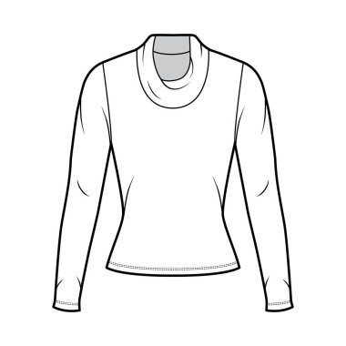 Kapüşonlu balıkçı yaka kazak. Uzun kollu, dar biçimli teknik moda illüstrasyonu. 