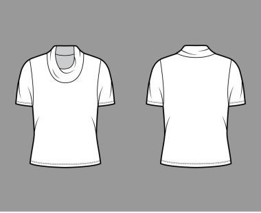 Kapüşonlu balıkçı yaka kazak. Teknik moda illüstrasyonu. Kısa kollu, iri vücutlu.. 