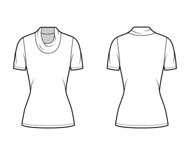 Kapüşonlu balıkçı yaka kazak kısa kollu, kısa biçimli, tunik uzunluklu teknik moda illüstrasyonu. 