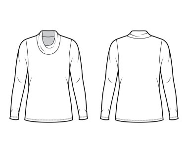 Kapüşonlu balıkçı yaka kazak uzun kollu, büyük bedenli, tunik uzunluklu teknik moda illüstrasyonu.. 